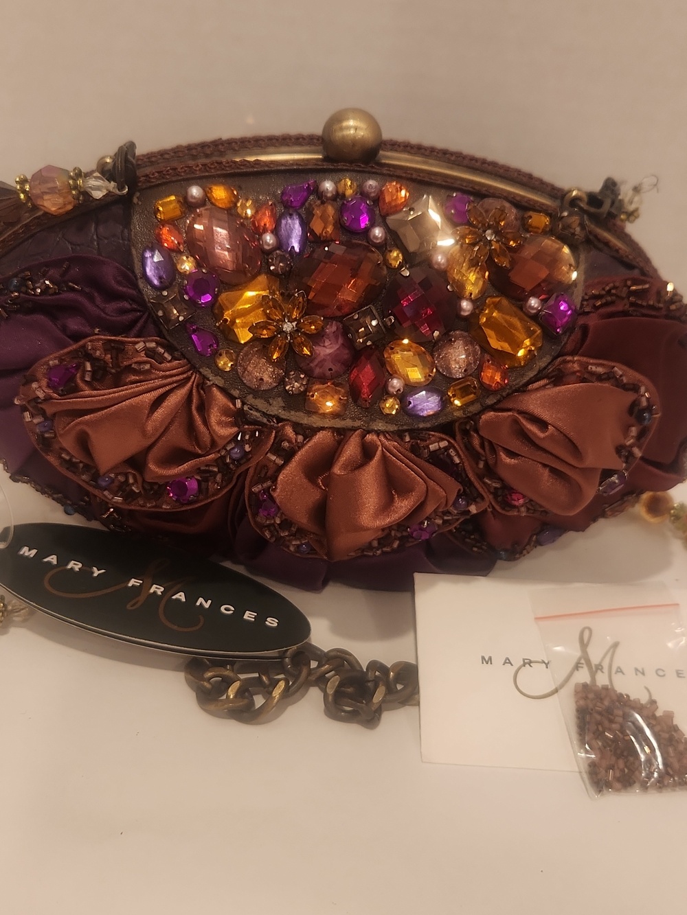 Mary Frances Purple & Brown Jeweled Satin NEW Rosette Shoulder FULL OF GEMSTONES
